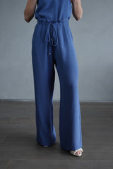 CALÇA CREPE PREGAS AZUL